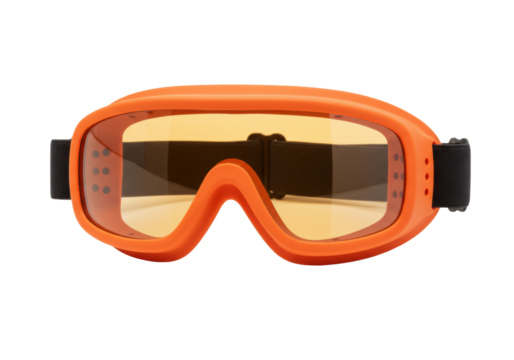 Isolated orange ski goggles for winter sport and activity with yellow lenses for protection