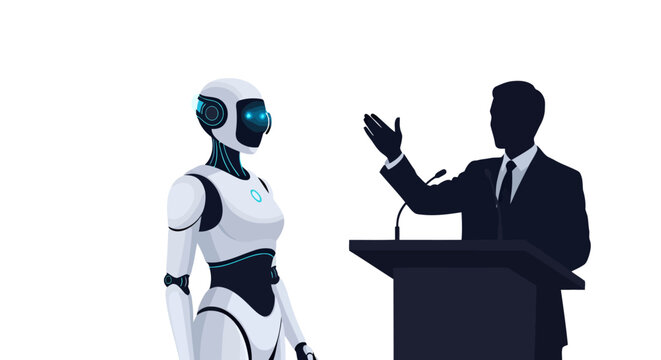 Futuristic tech presentation featuring a sleek robot and shadowed speaker, ideal for illustrating innovation, AI, and cutting-edge technology concepts