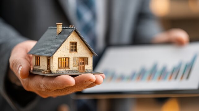 A businessman holds a miniature house model in one hand while reviewing financial growth data on a tablet. Real estate investment and property market success.