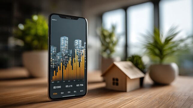 A smartphone displays a financial app with rising real estate data and bar charts. Property investment and digital market growth