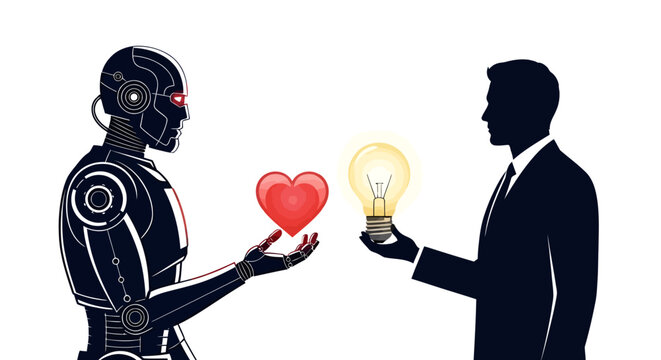 Robot offering heart to businessman holding lightbulb, symbolizing AI innovation and human creativity working together for a brighter future