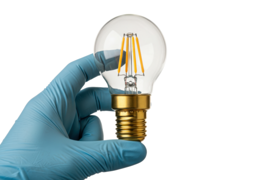 Isolated Edison style LED light bulb held in hand with blue glove, innovation concept