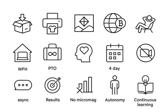 Modern line icons representing remote work concepts and practices