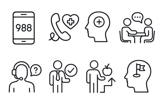 Mental health support icons depicting call center help and therapy in linear design