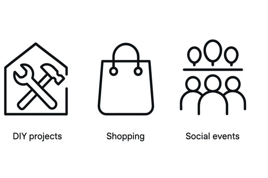 Home improvement, shopping, and social events icons in minimalist line art style