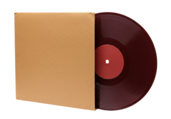 Isolated burgundy vinyl record partly in tan cover, analog music for turntable listening