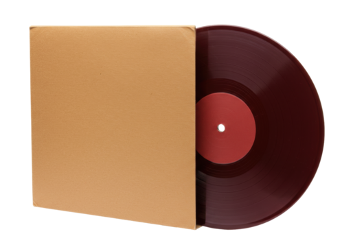 Isolated burgundy vinyl record partly in tan cover, analog music for turntable listening