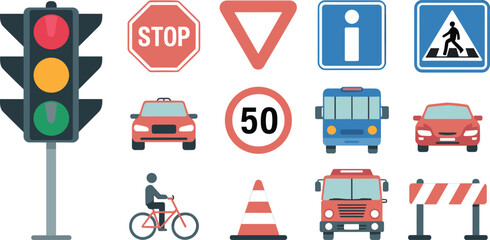 Traffic symbols illustration, road signs, vehicles, stop sign, speed limit, pedestrian crossing, fire truck, bicycle, traffic light, road safety, transportation icons