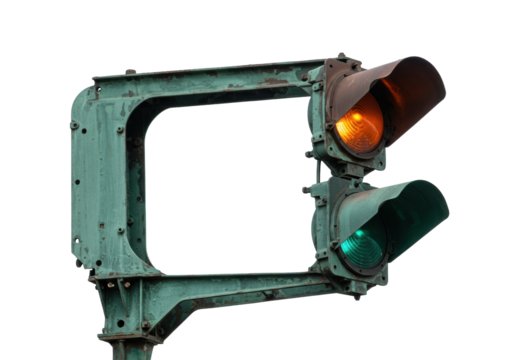 Isolated traffic signal fixture showing the amber and green light indicating clear passage