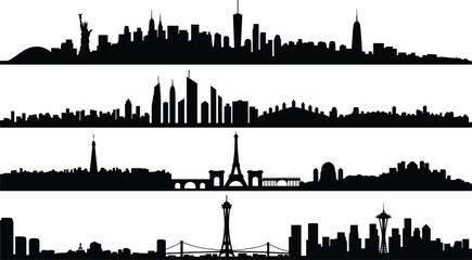World famous city skylines silhouette collection, New York, Dubai, Paris, Seattle landmarks, black cityscape design, urban architecture vector, travel destination illustration © Akaza
