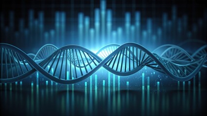 Obraz premium Blue DNA Strands Floating Above a Blurred Dark Background