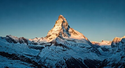 A majestic, snow-capped mountain peak rises against a clear blue sky at sunset