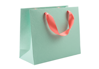 Isolated light green gift bag with pink ribbon handles for luxury purchases and shopping
