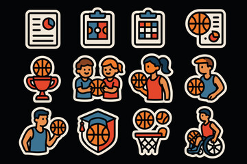 Fototapeta premium Colorful basketball icons: players, equipment, and game elements
