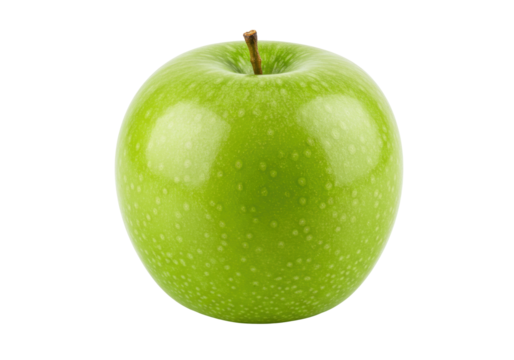 Isolated Granny Smith apple, fresh and juicy with tiny natural speckles and short stem