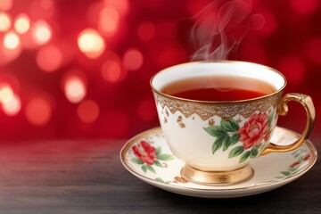 Close up of a porcelain teacup filled with steaming tea, adorned with floral patterns, set against a blurred red background, creating a warm and inviting atmosphere for relaxation