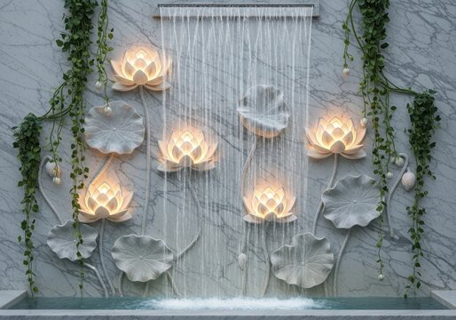 Serene lotus flower waterfall with gentle greenery and marble wall