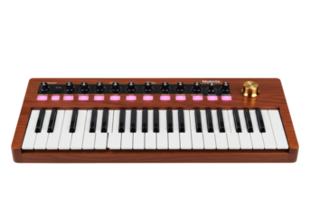 Isolated keyboard synthesizer for music creation, wood frame, studio equipment for sound production