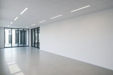 Modern minimalistic empty office interior with glass partitions, white ceiling tiles, and polished concrete floor in bright clean space. Ai generative. Ai generative