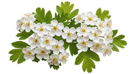 Cluster of white hawthorn flowers with green leaves isolated on transparent background