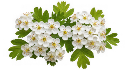 Cluster of white hawthorn flowers with green leaves isolated on transparent background