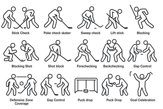 Hockey techniques and actions icons set: stick check, poke check, shot block, goal celebration