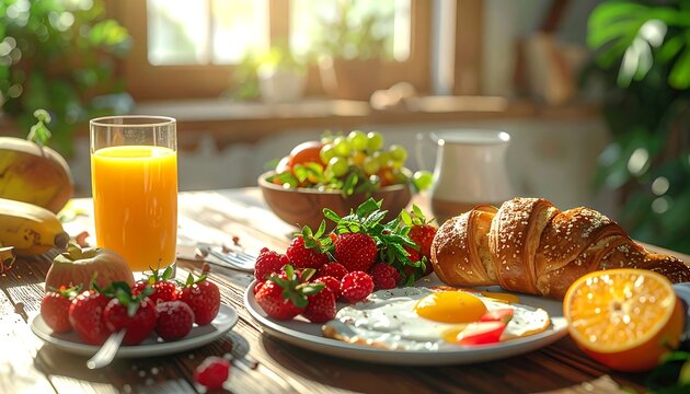 Bright breakfast scene on a wooden table with fruit, juice, egg, and croissant, sunlit by a window and plants in background