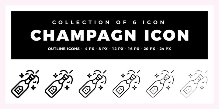 Collection of 6 Champagne Icons. Outline Vector Graphics for Celebration