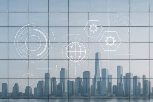 Digital interface icons and city skyline reflected on modern glass building wall, symbolizing smart technology and urban infrastructure integration. Ai generative