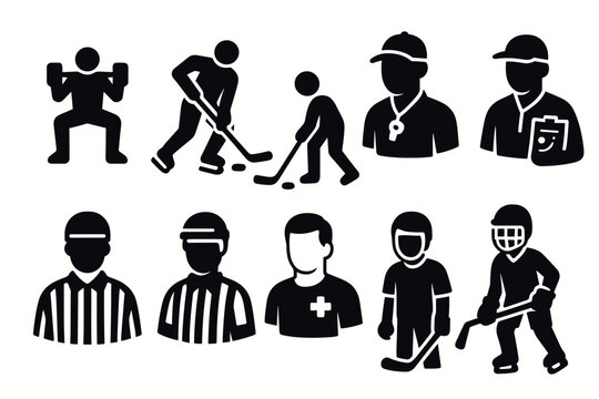 Silhouette icons of hockey players, coaches, and referees in sport activities
