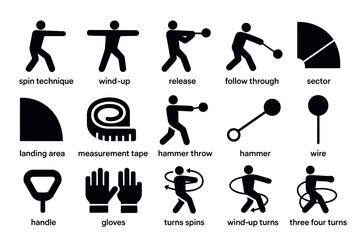Hammer throw technique icons in silhouette style for sports training guides