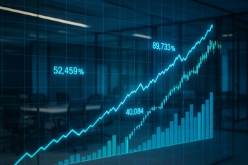 Financial growth chart with glowing blue stock lines and bar graphs displayed on glass wall in dark office environment showing business success analytics. Ai generative