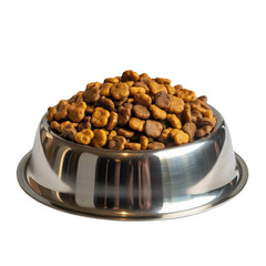 Stainless Steel Bowl Filled with Dry Cat Food Kibble Isolated on White Background dry food pet food isolated on a transparent background
