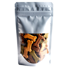 Stand Up Pouch Bag Filled with Bone Shaped Dog Treats in Various Colors on White Background bone shaped treats isolated on a transparent background