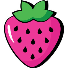 Stylized Pink Strawberry Illustration with Green Top and Black Seeds Against Transparent Background