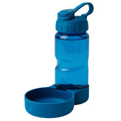 Blue Plastic Pet Water Bottle with Attached Drinking Bowl on White Background dog water bottle isolated on a transparent background