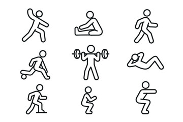 Simple line art of fitness exercises featuring diverse workout poses