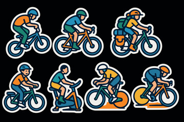 Obraz premium Colorful cyclist stickers featuring various biking activities in modern cartoony style
