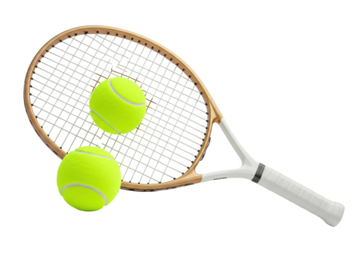 Isolated racket with tennis ball close-up, fitness training equipment concept on surface - Powered by Adobe