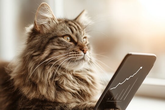 Cute cat's morning: smartphone adventures await. Smart planning impact. Upward graphs confirm business expansion and success. Productivity growth stats. Strategic progress indicators.