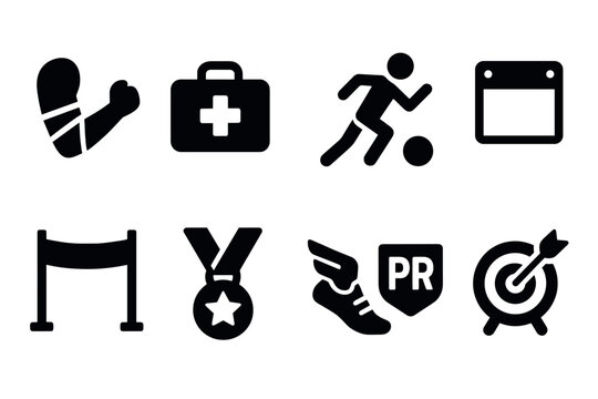 Silhouette icons of fitness, first aid, sports, and goals