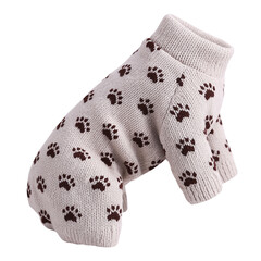 Knitted dog sweater in a light cream color with a repeating pattern of dark brown paw prints, isolated on a white background isolated on a transparent background