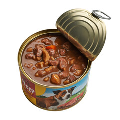 Open Can of Dog Food with Meat Chunks and Vegetables on White Background canned dog food wet dog food isolated on a transparent background