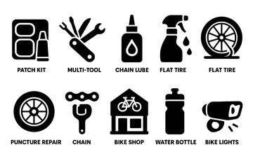Essential bicycle repair and maintenance icons set in silhouette style