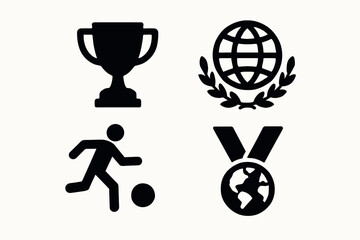 Sports achievement icons: trophy, laurel globe, soccer, medal