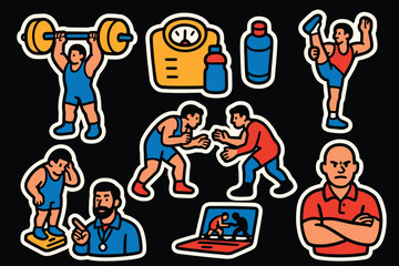 Colorful cartoon sports and fitness stickers featuring diverse athletic activities