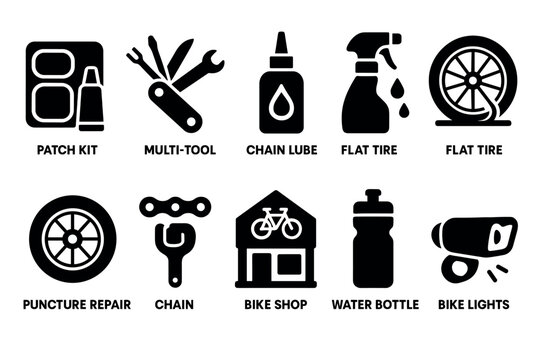 Essential bicycle repair and maintenance icons set in silhouette style