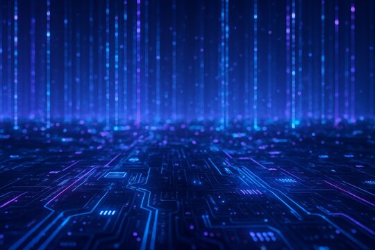 Futuristic digital circuit board landscape with glowing neon lines and abstract data streams on a dark background representing technology concept. Ai generative