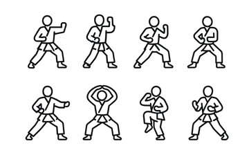 Naklejka premium Line art martial arts poses: karate figures in action