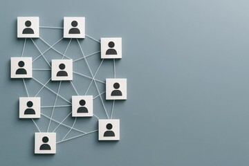 Interconnected network of people icons on square tiles linked with lines on blue background representing communication and teamwork concept. Ai generative